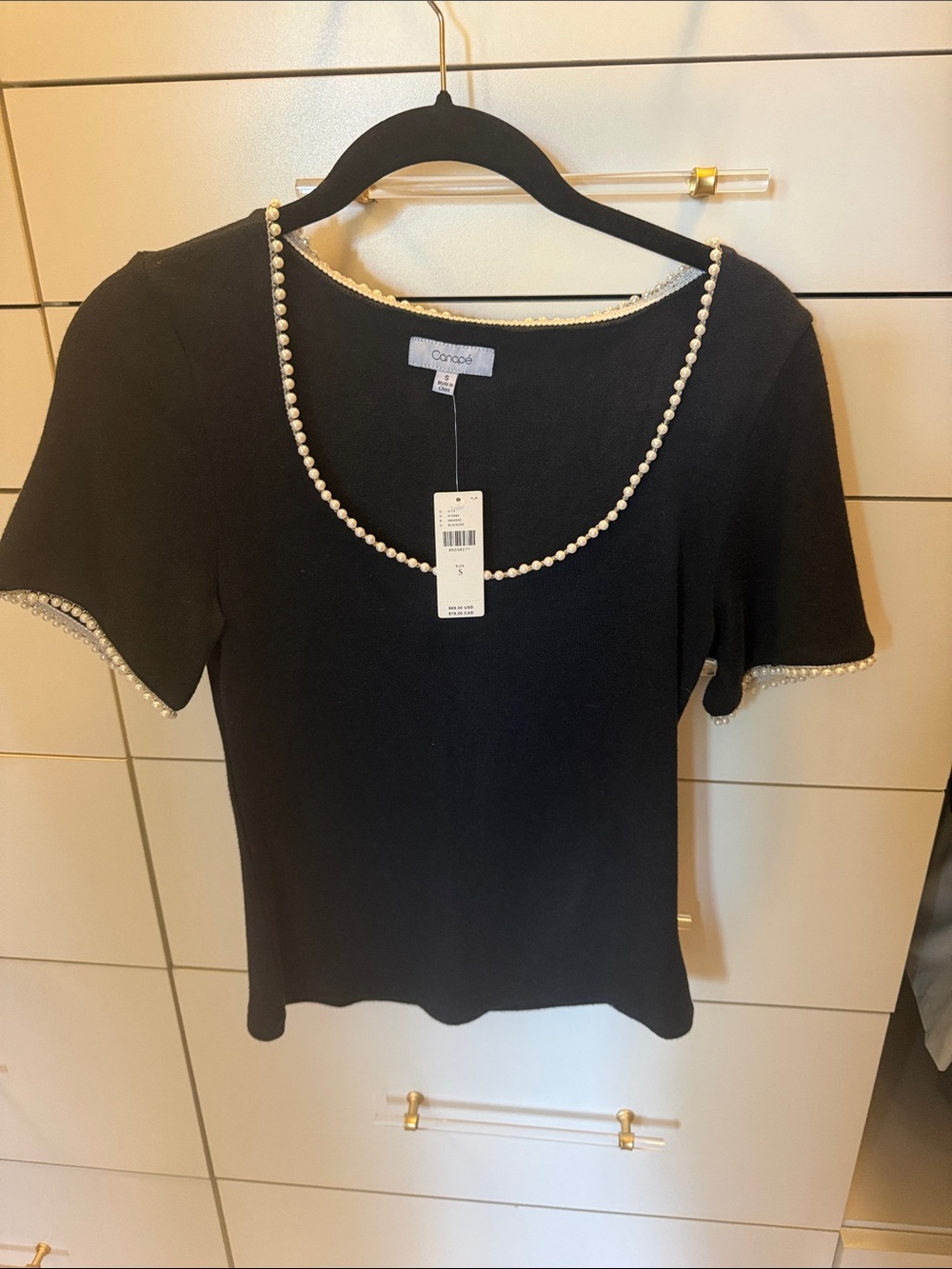 Black Short Sleeve Knit Top with Pearl Trim